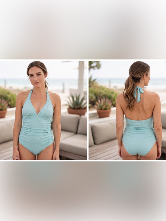 Haley And The Hound Other - Tie-Halter One-Piece Swimsuit in Light Aqua with Ruching